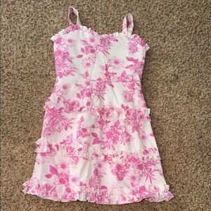 Rare Editions Girls’ Tiered Ruffle Floral Mini Dress in White/Pink Size 7
